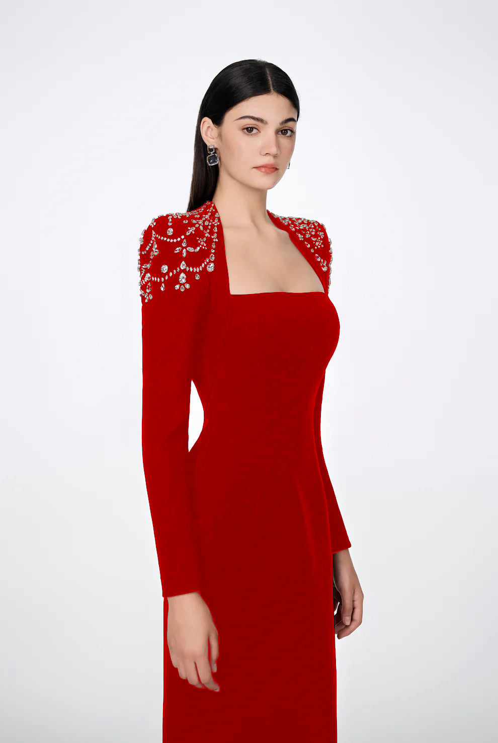 Long Sleeve Crystal Shoulder Maxi Dress Red BB10026