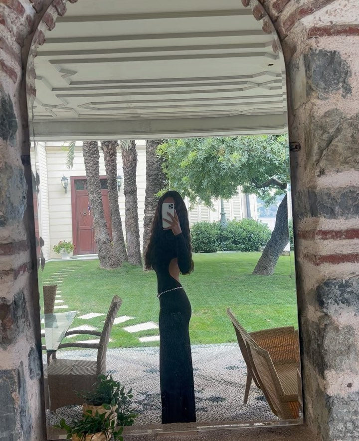 Long Sleeve Crystal Belt Maxi Dress Black HV9973