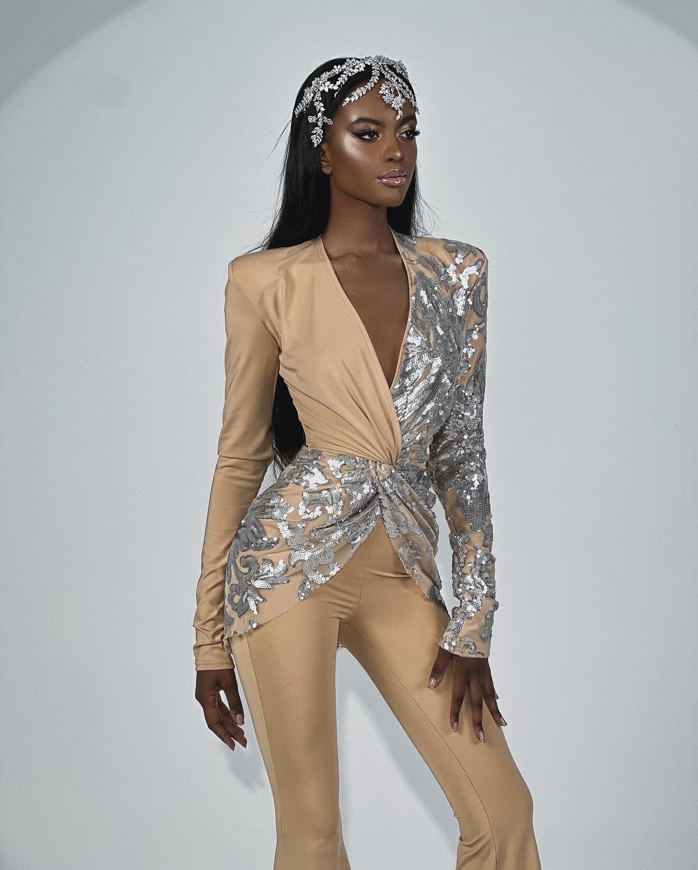 Long Sleeve Sequin Jumpsuit Sand Silver HV2059