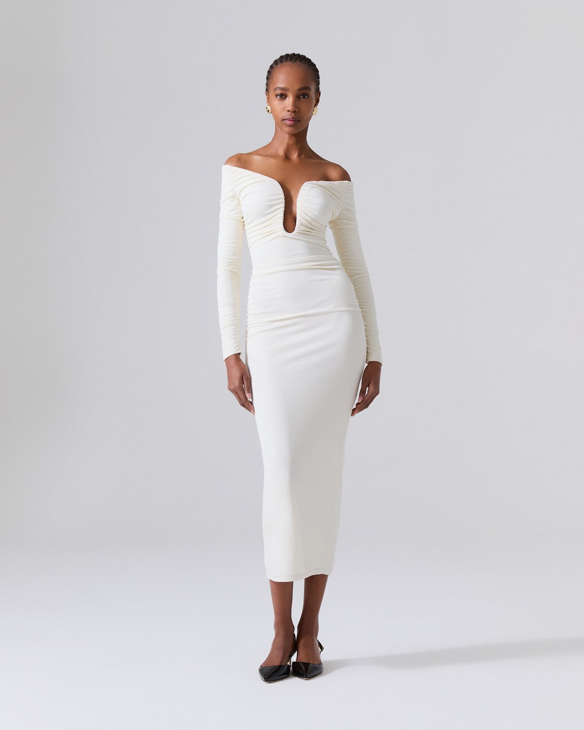 Long Sleeve Ruched Bardot Midi Dress White HV1923