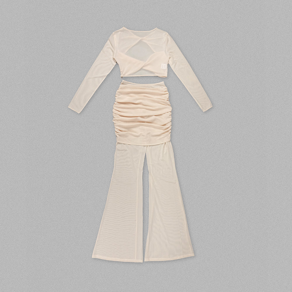 Long Sleeve Draped Two Piece Jumpsuit Nude HV1125