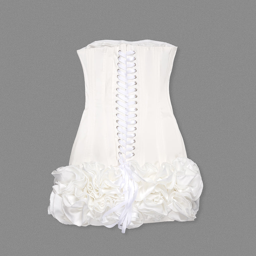 Strapless Corset Floral Ruffle Dress White HV1645