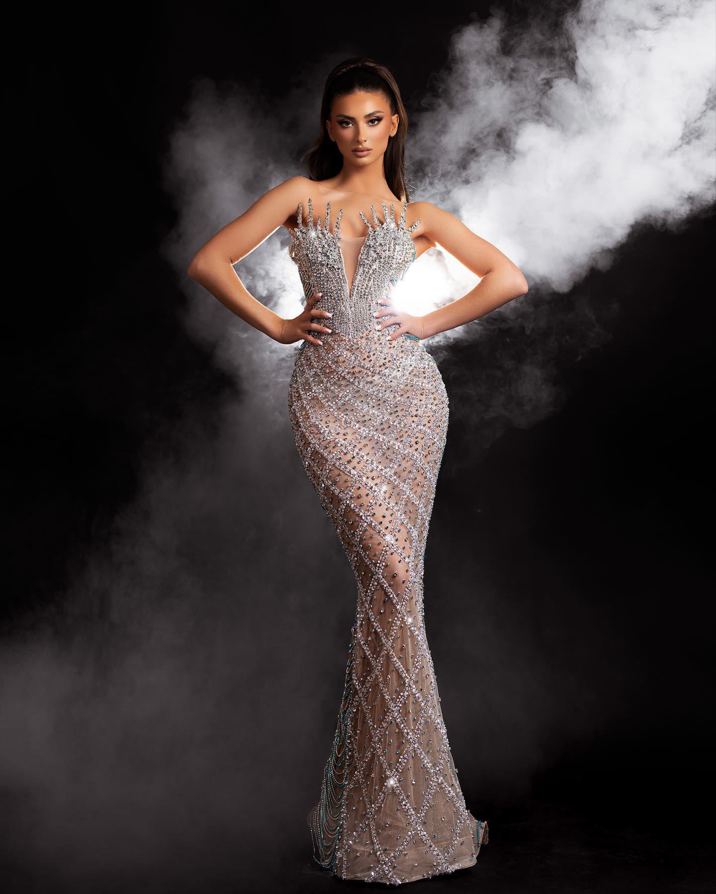 Strapless Crystal Sequin Bustier Maxi Dress Nude HV2145
