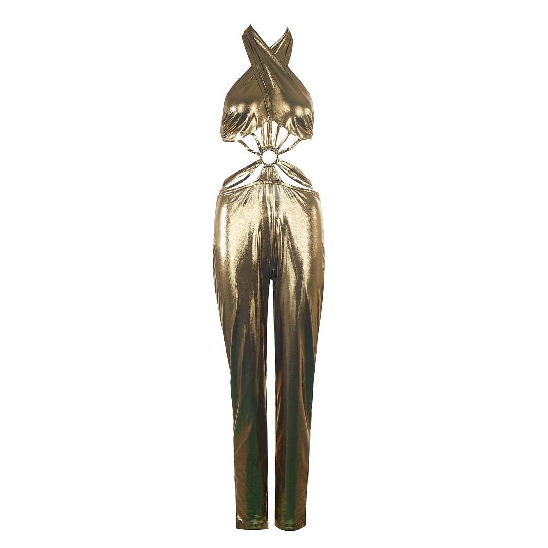Halter Cut Out Jumpsuit Gold C2406