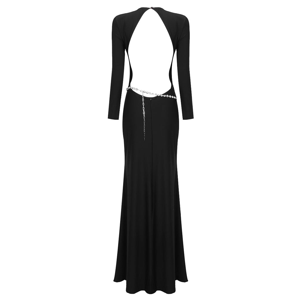 Long Sleeve Crystal Belt Maxi Dress Black HV9973