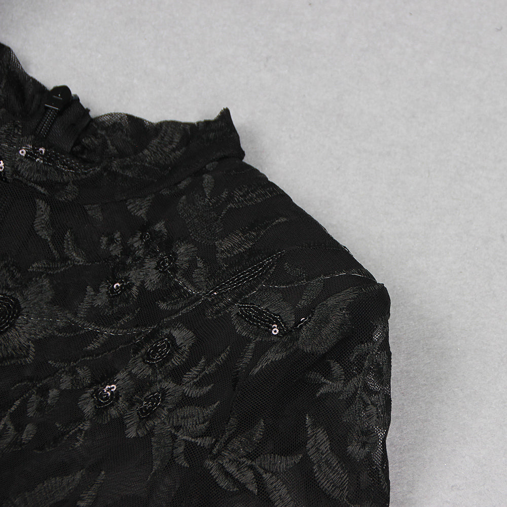 Long Sleeve Lace Sequin Jumpsuit Black HV1135