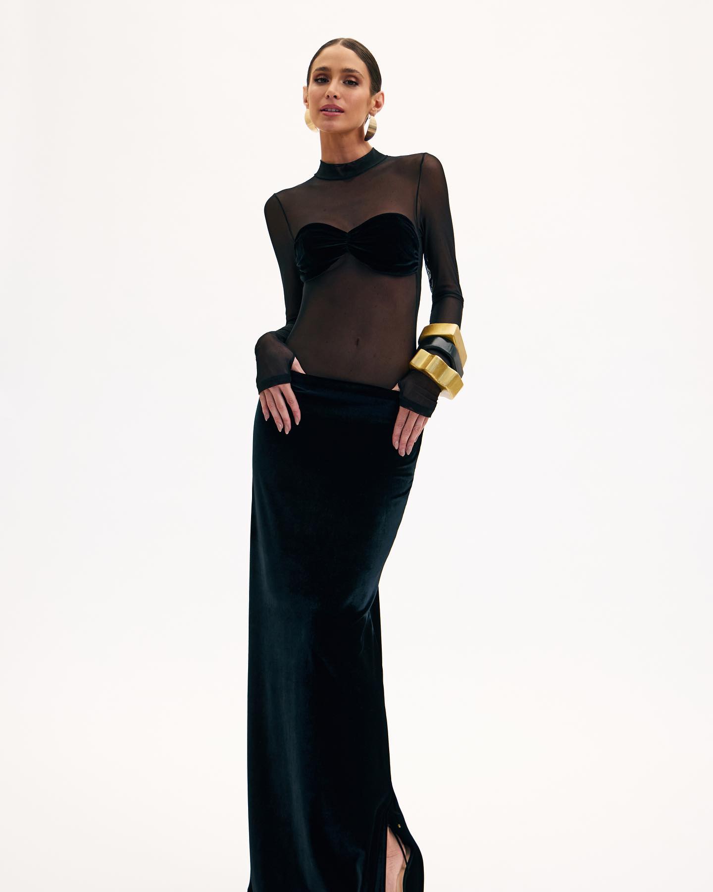 Long Sleeve Bustier Mesh Maxi Dress Black HV1537