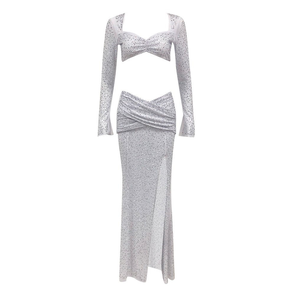 Long Sleeve Crystal Two Piece Maxi Dress Silver HV1569