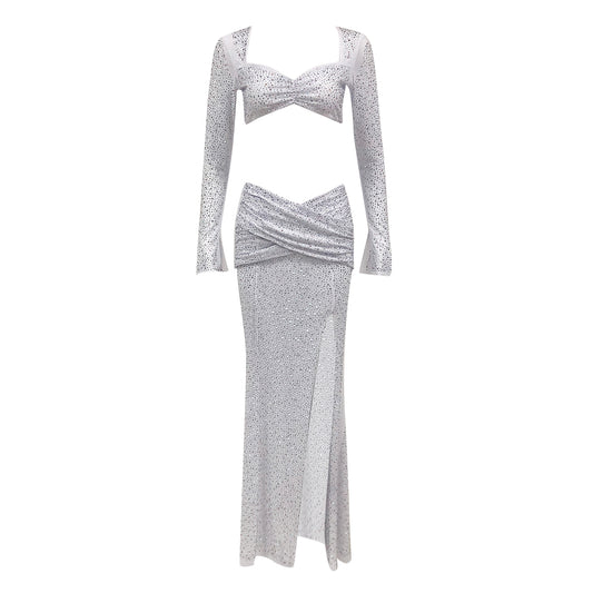 Long Sleeve Crystal Two Piece Maxi Dress Silver HV1569