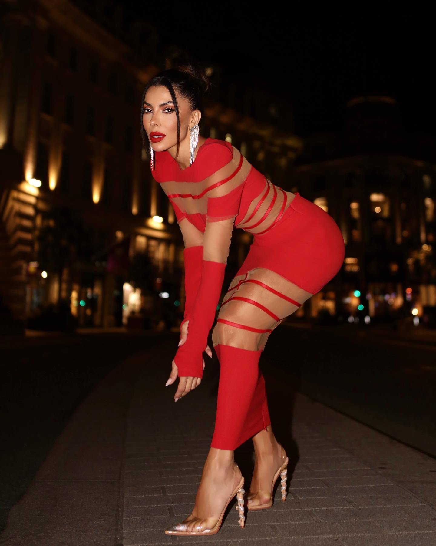 Long Sleeve Mesh Insert Midi Dress HV1502