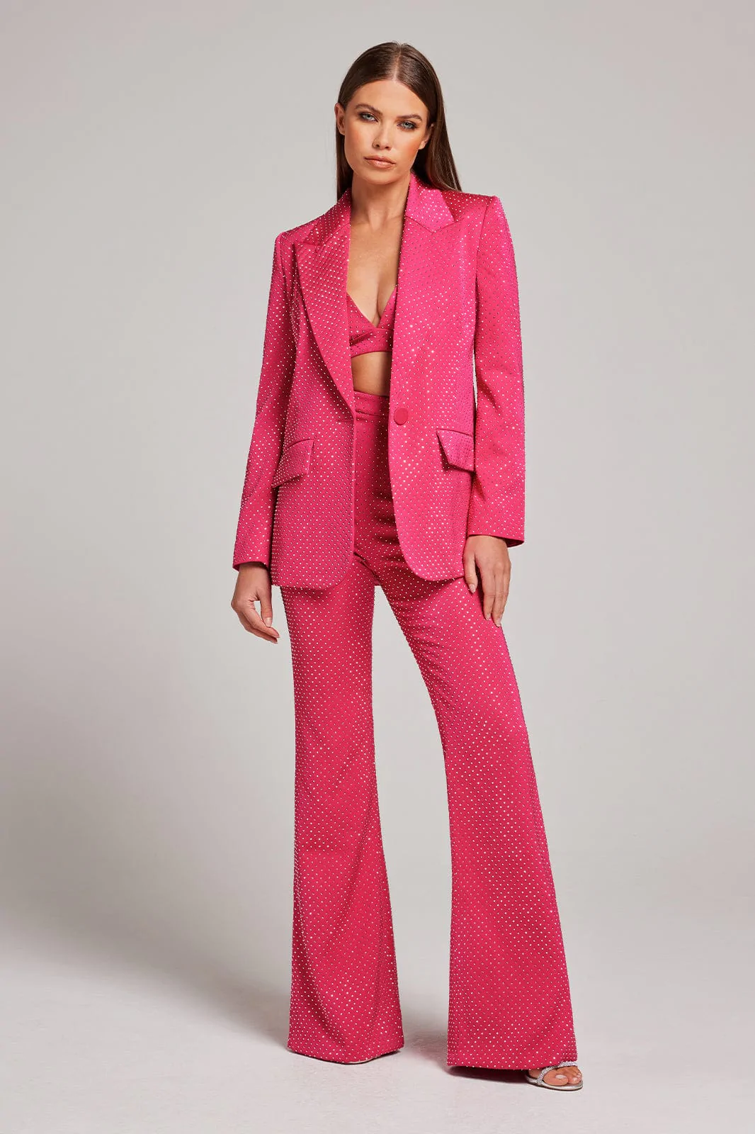 Sparkly Long Sleeve Three Piece Suit Hot Pink HV9601