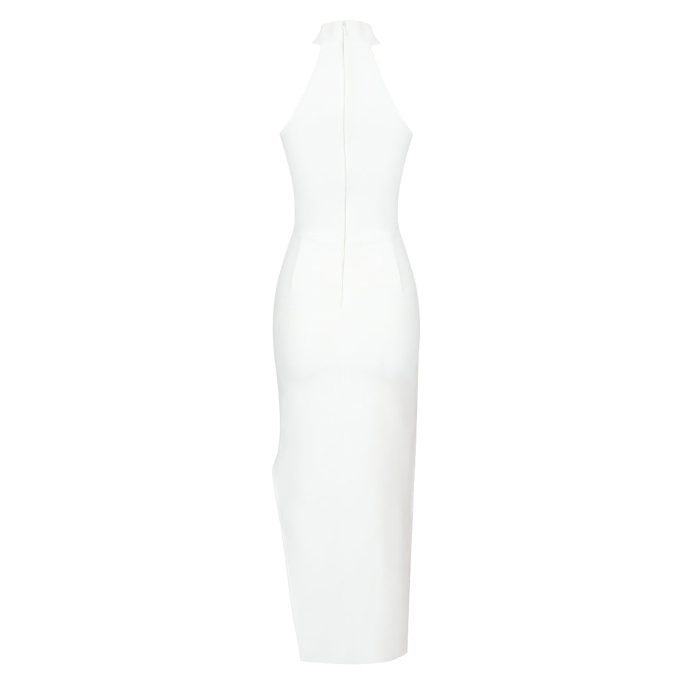 Halter Crystal Flower Detail Midi Dress White HV9743