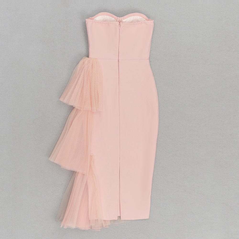 Strapless Bustier Mesh Detail Midi Dress Pink HV9531