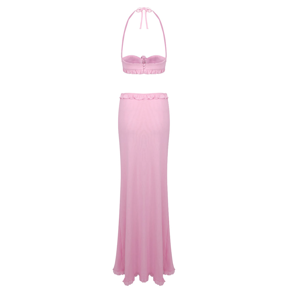 Halter Floral Ruffle Two Piece Maxi Dress Pink HV1510