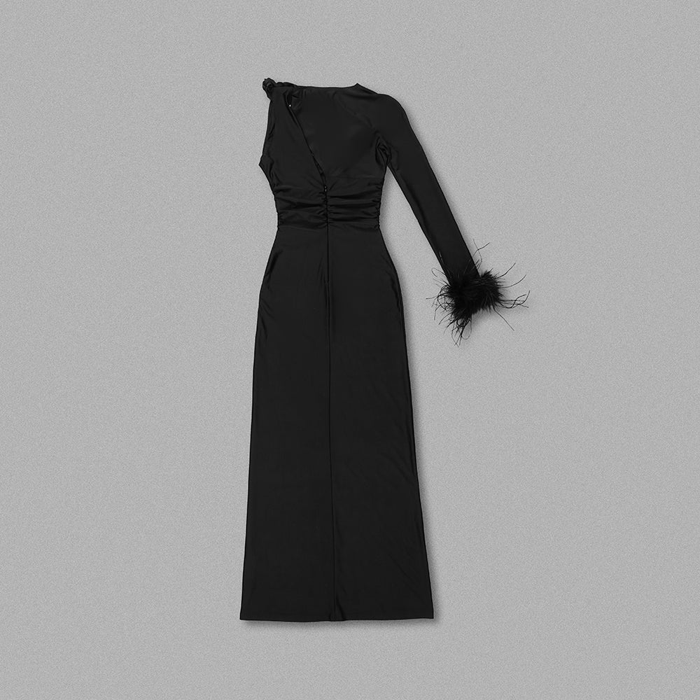 One Sleeve Feather Maxi Dress Black HV1081