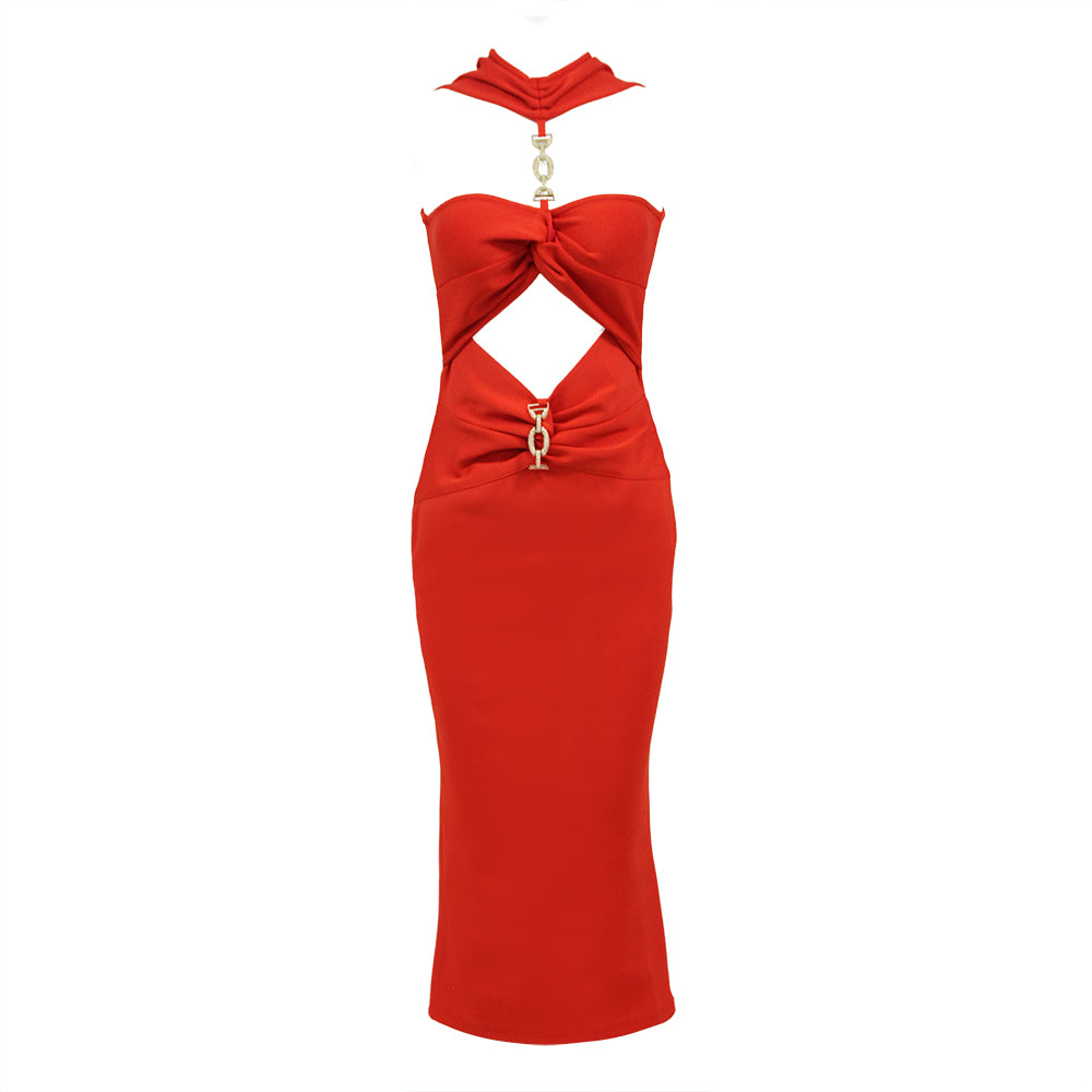 Halter Chain Detail Midi Dress HV1391