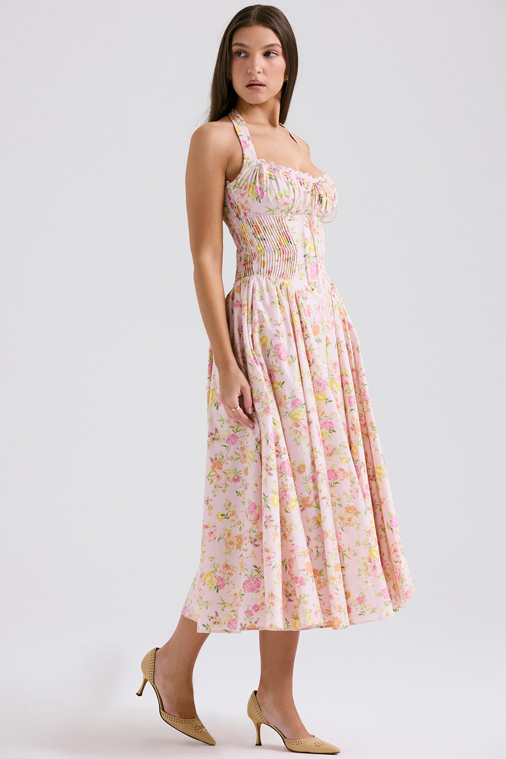 Halter Lace Bustier A Line Midi Dress Floral Pink HV1289