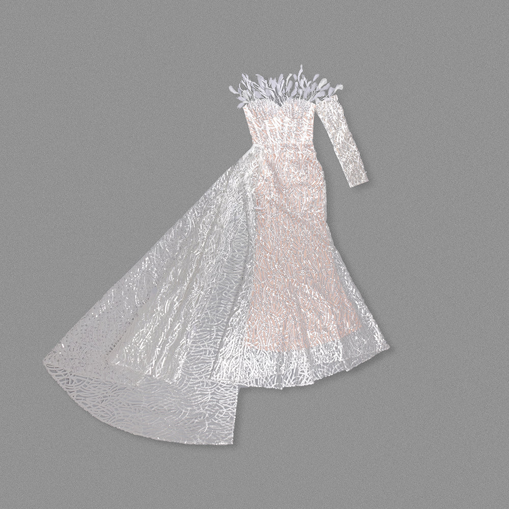 One Sleeve Strapless Bustier Embellished Dress White HV1267