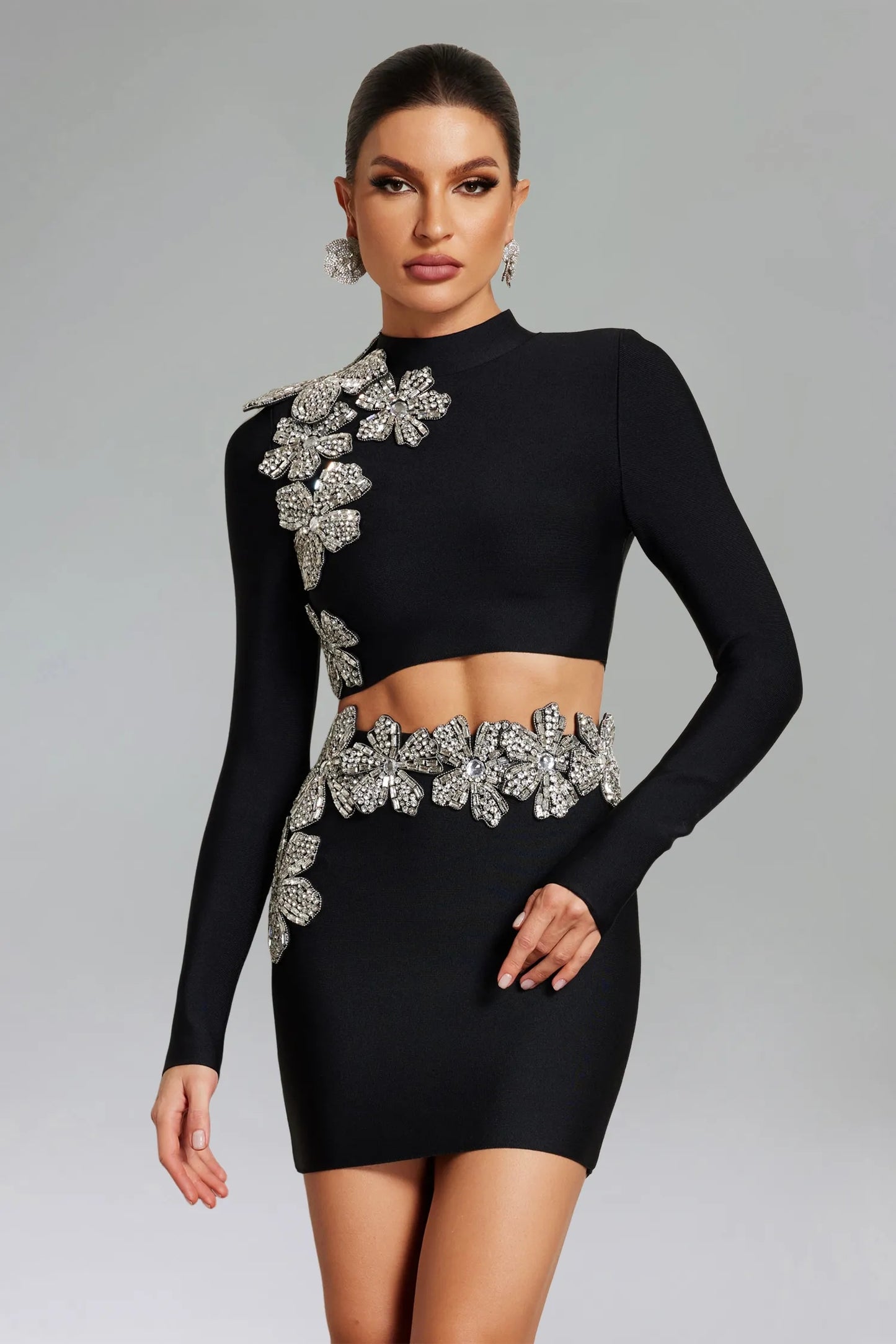 Long Sleeve Crystal Floral Detail Two Piece Dress HV2004