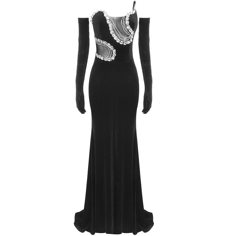 Strapless Crystal Mermaid Maxi Velvet Dress Black HV1763