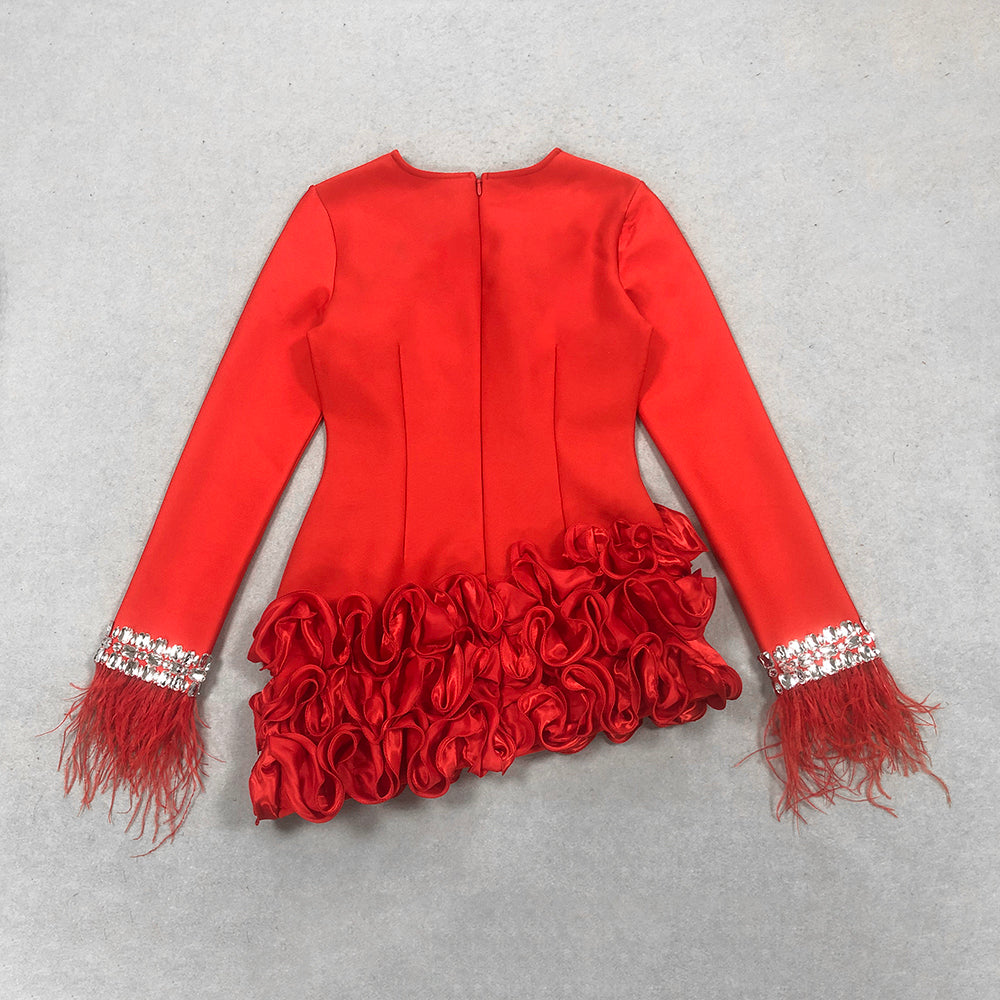 Crystal Feather Long Sleeve Ruffle Dress Red HV9972
