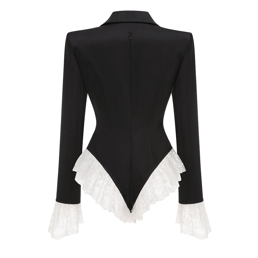 Long Sleeve Lace Bodysuit Black White HV1748