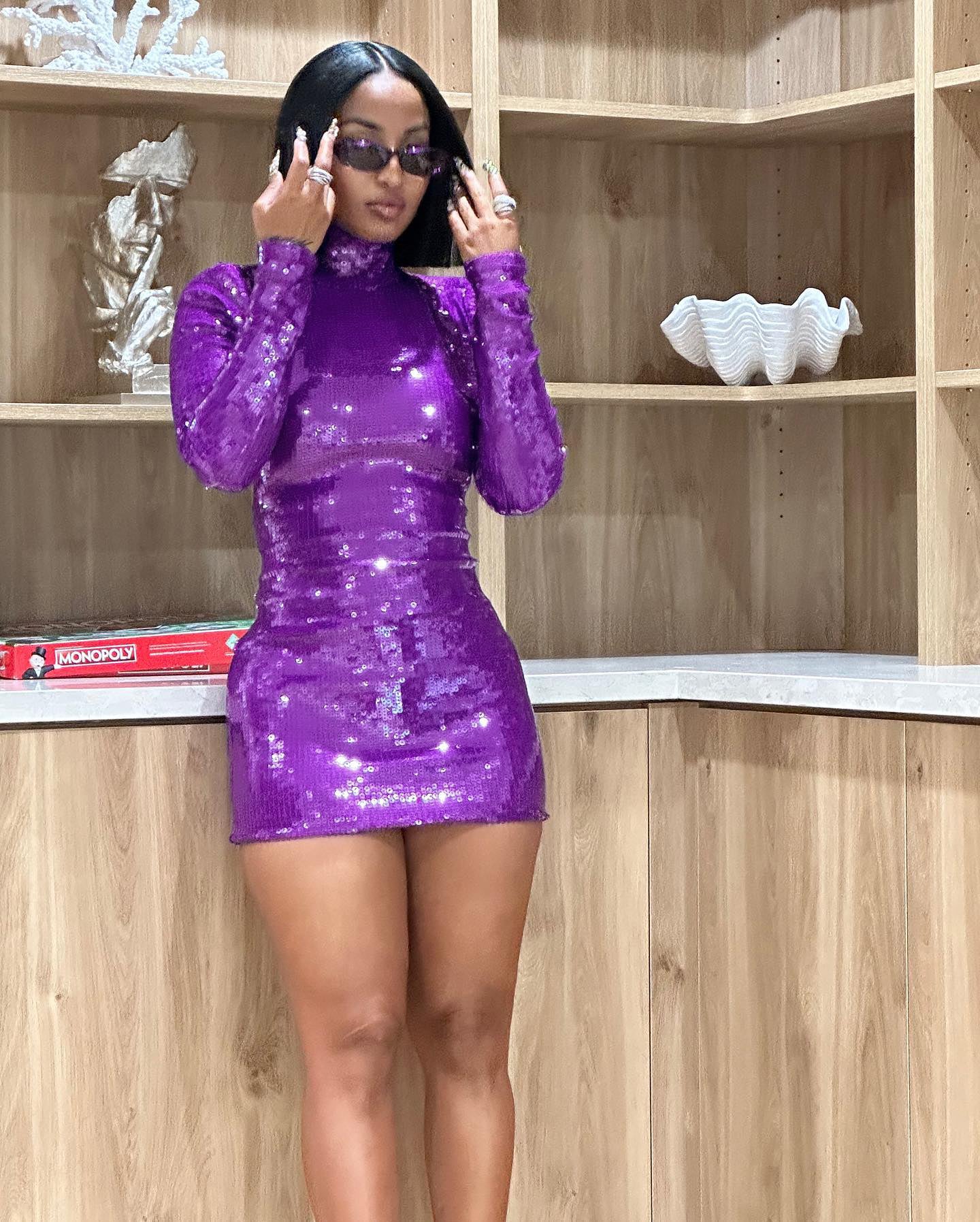 Long Sleeve Sequin Backless Dress Purple HV1009