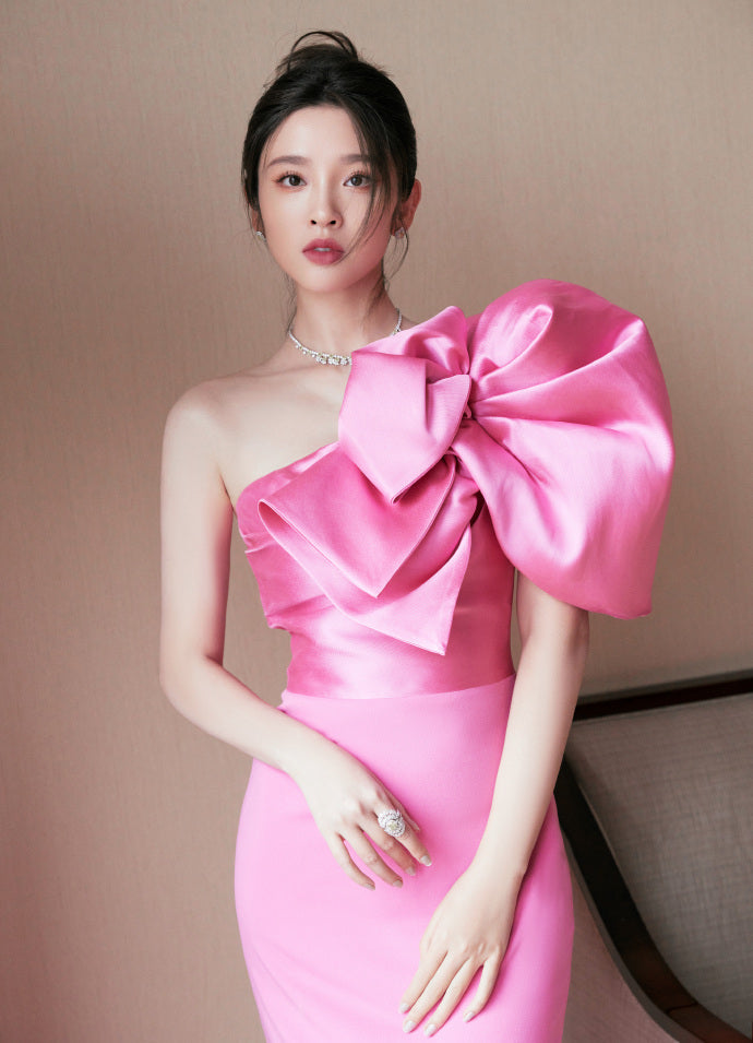 One Shoulder Bow Maxi Dress Pink HV1588