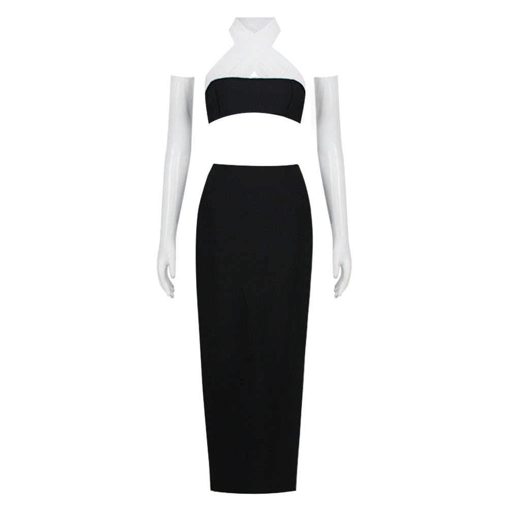 Halter Mesh Two Piece Maxi Dress Black White HV9713