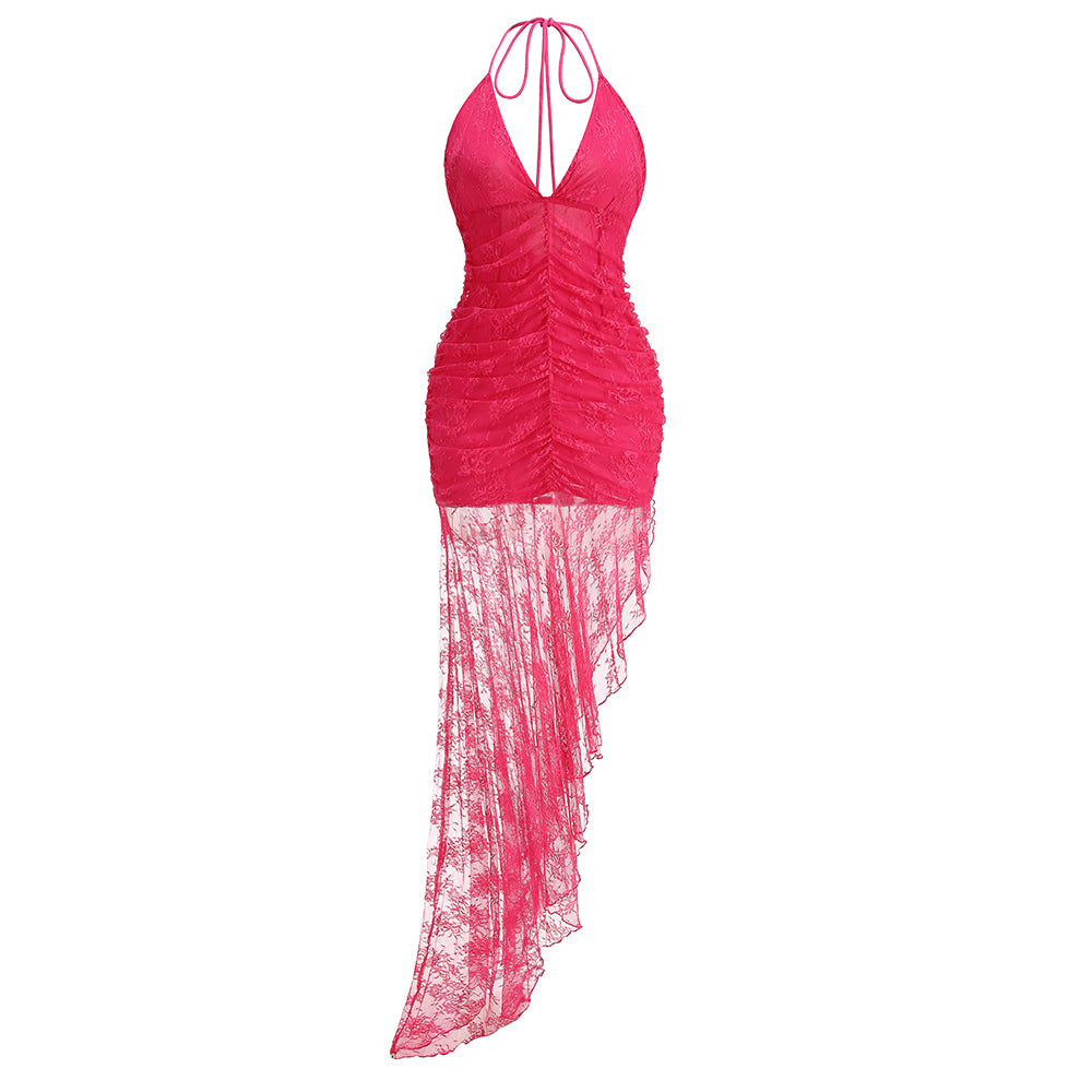 Halter Ruched Lace Ruffle Maxi Dress HV1482