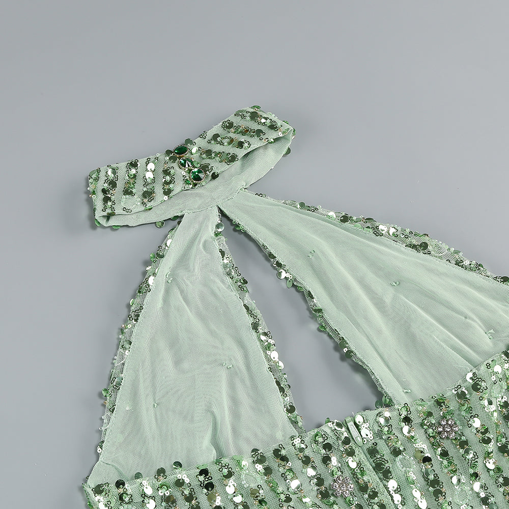 Halter Crystal Sequin Dress Green HV1372