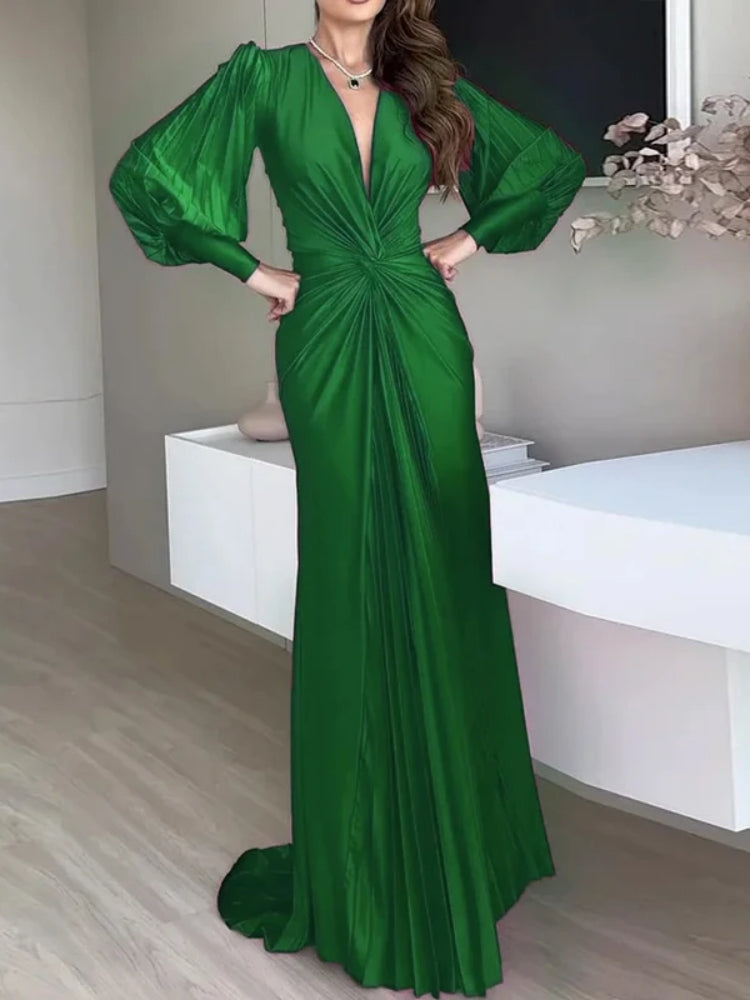 Long Sleeve Pleated Detail Maxi Dress Green HV1548