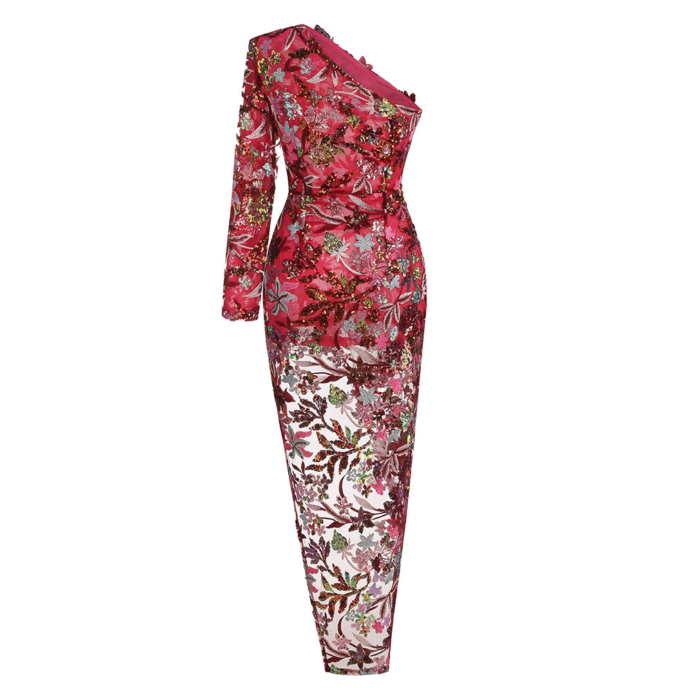 One Sleeve Sequin Embroidered Maxi Dress HV1310