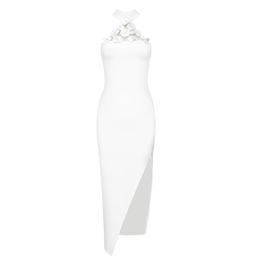 Halter Crystal Flower Detail Midi Dress White HV9743