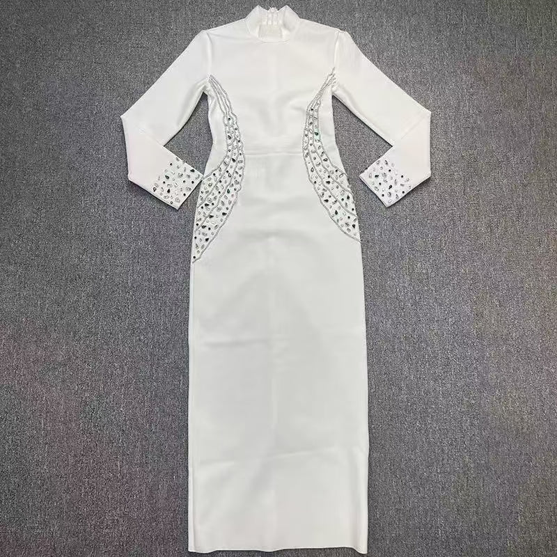 Long Sleeve Crystal Trim Maxi Dress White HV2582