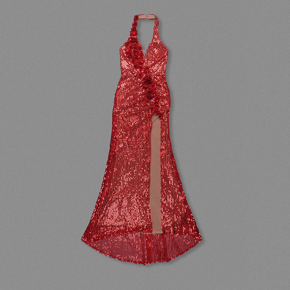 Halter Floral Detail Sequin Maxi Dress Red HV1915