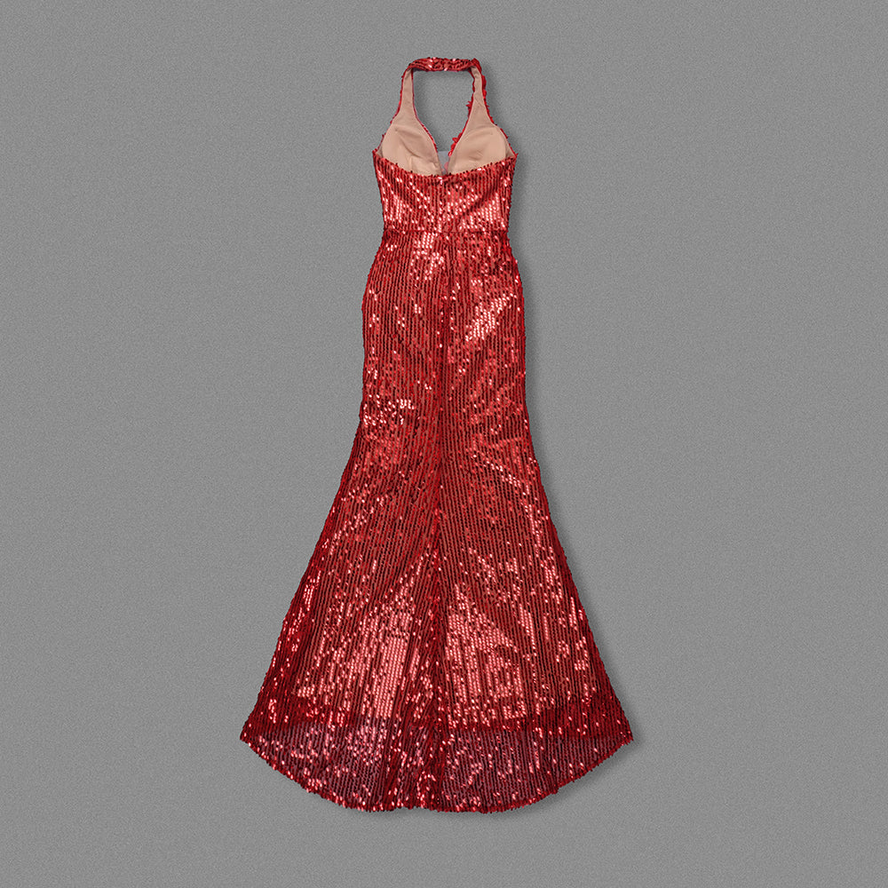 Halter Floral Detail Sequin Maxi Dress Red HV1915