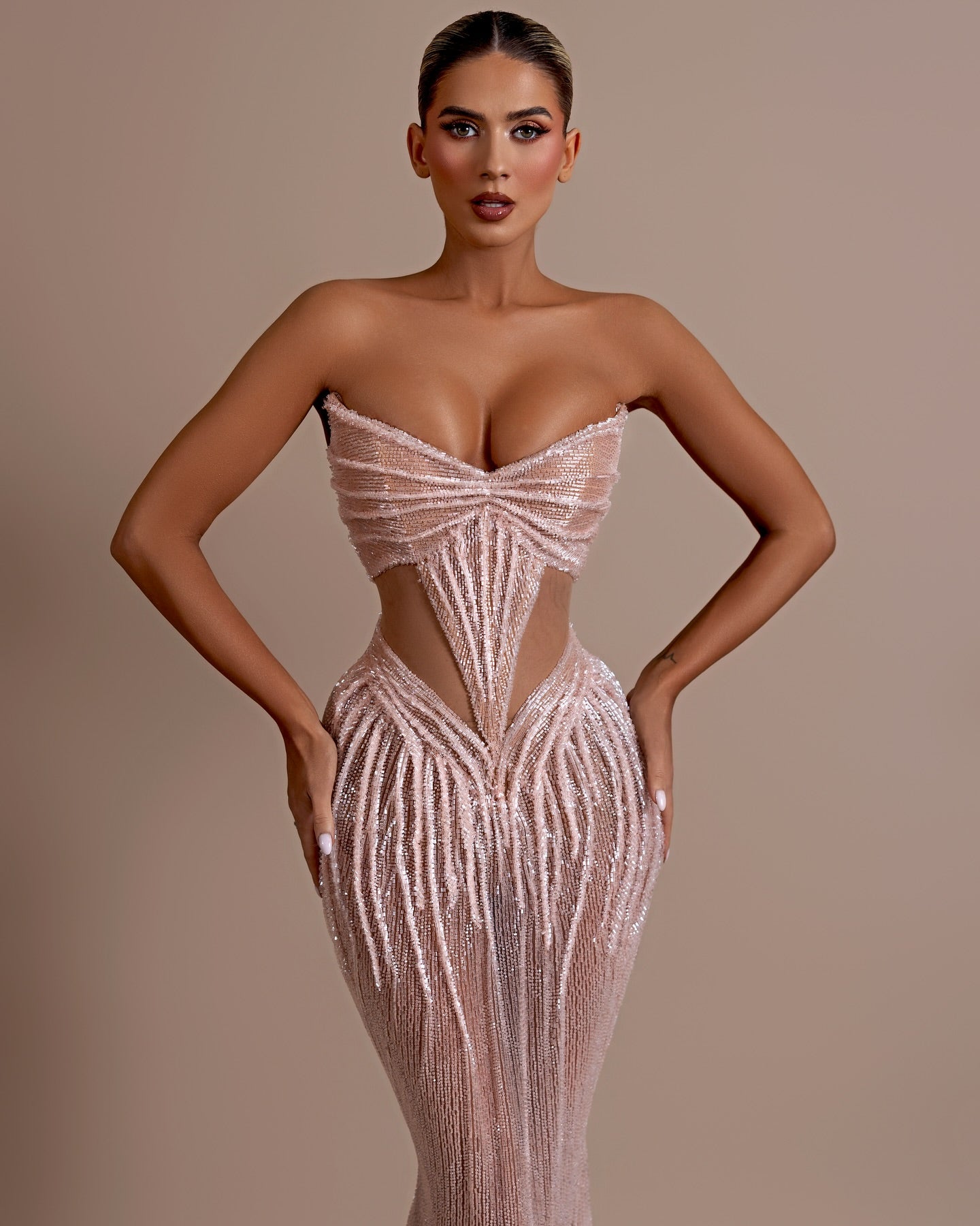 Strapless Structured Sequin Maxi Dress Nude HV1999