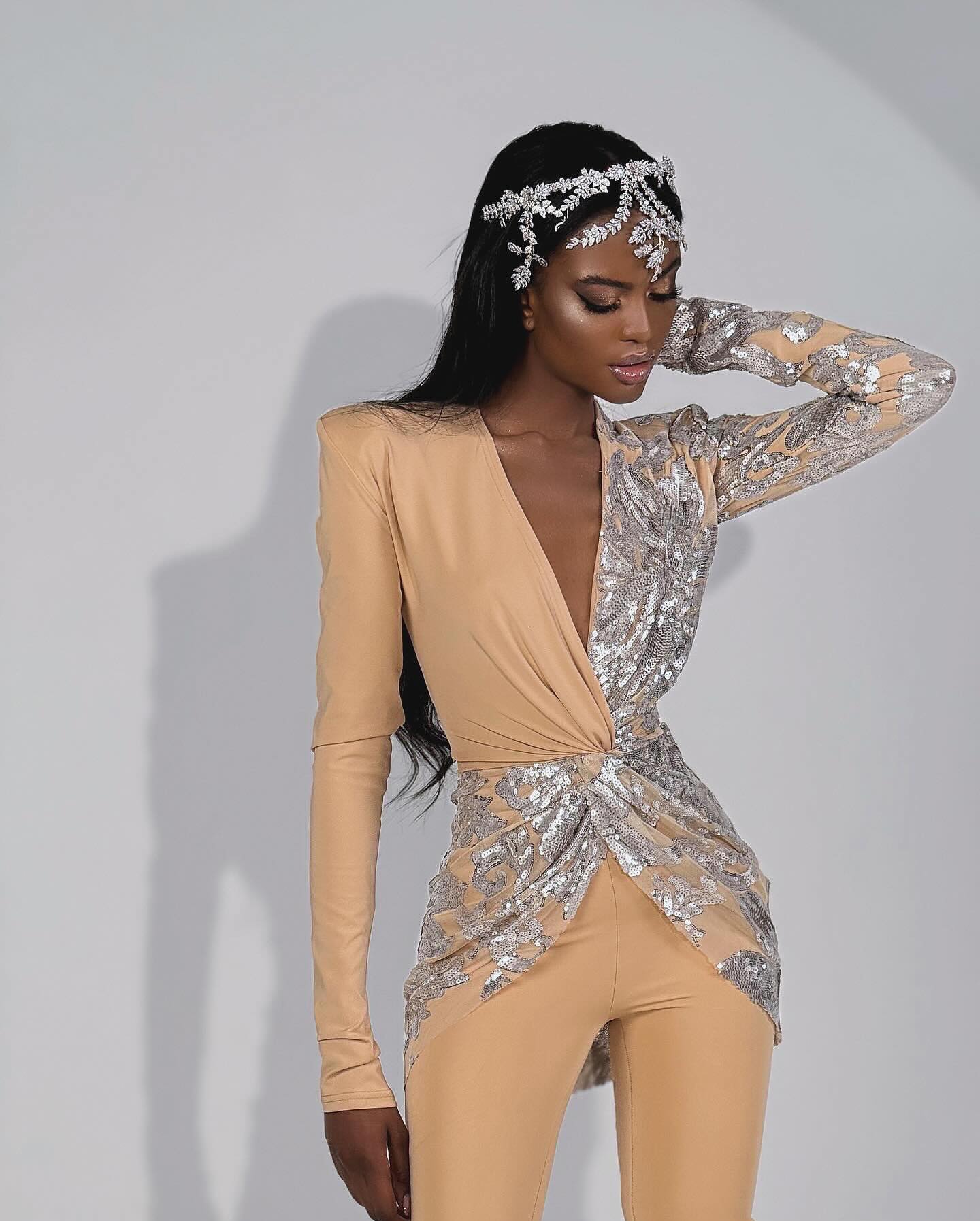 Long Sleeve Sequin Jumpsuit Sand Silver HV2059