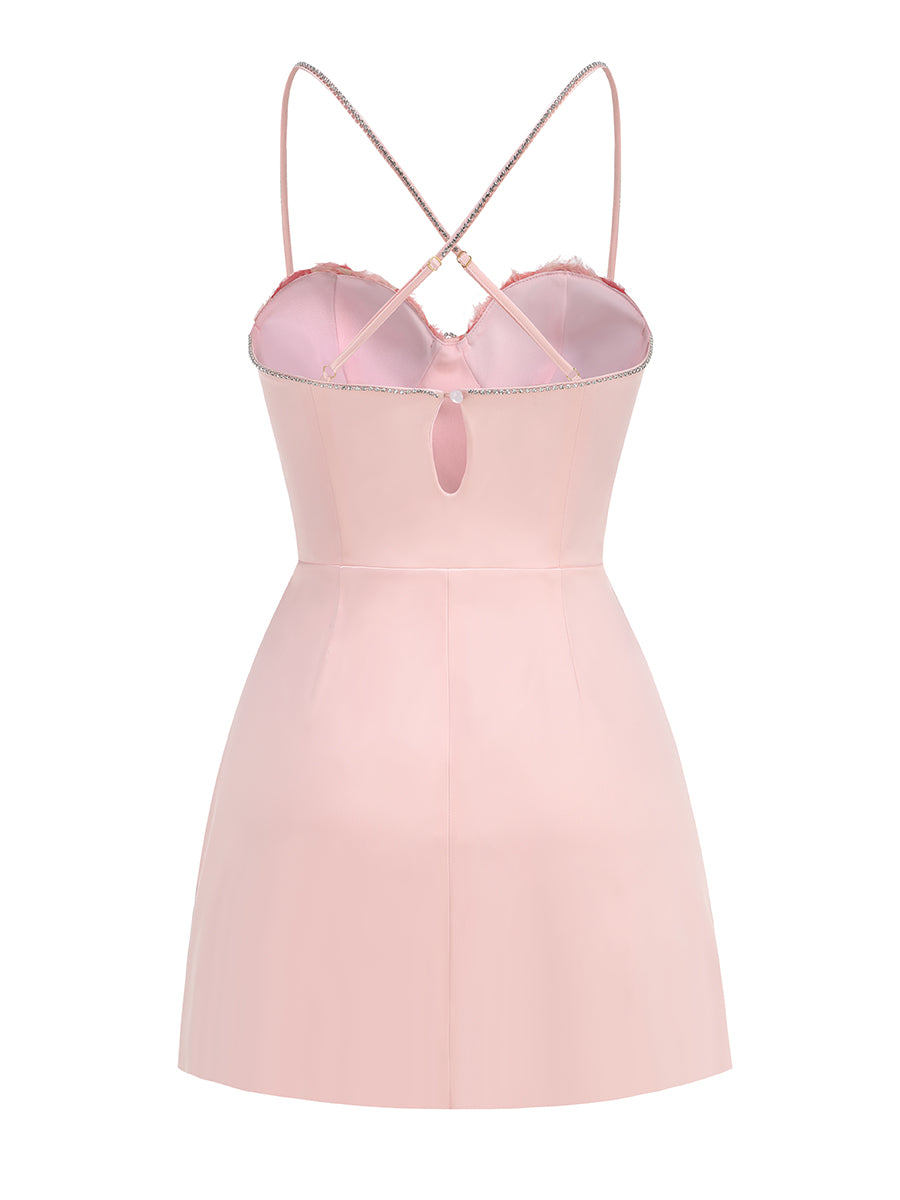 Crystal Floral Bustier A Line Dress Pink