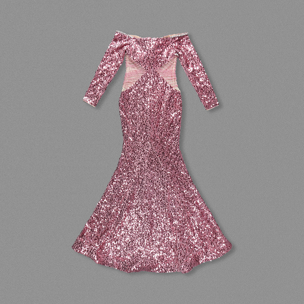 Long Sleeve Bardot Crystal Sequin Maxi Dress Pink HV2001