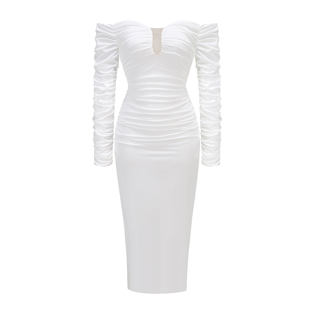 Long Sleeve Ruched Bardot Midi Dress White HV1923