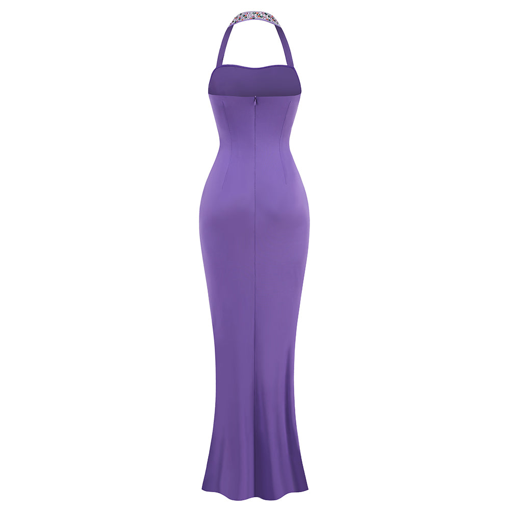 Halter Crystal Ruched Maxi Dress Purple HV1788