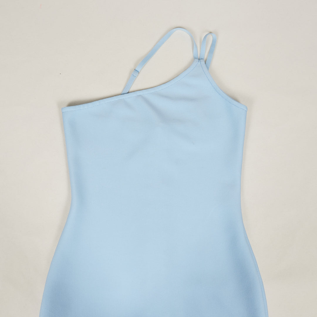 One Shoulder Feather Detail Midi Dress Blue