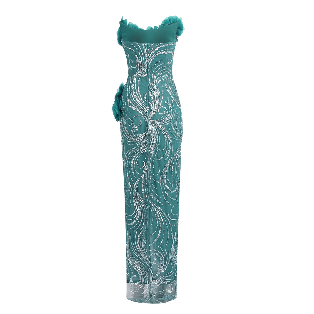 Floral Strapless Sequin Maxi Dress Green HV2080