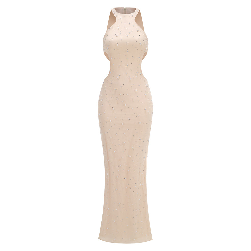 Pearl Crystal Side Cut Out Maxi Dress Ivory HV2155