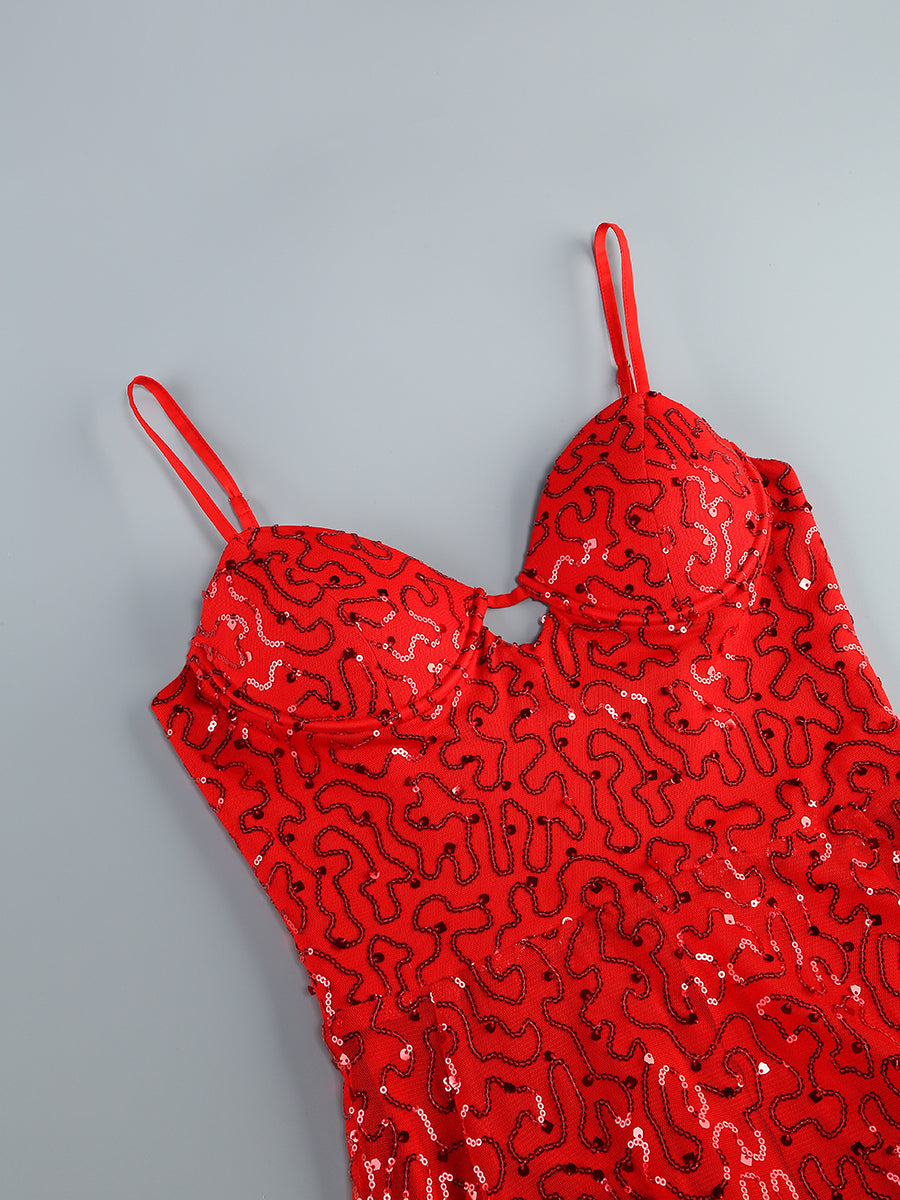 Bustier Sequin Ruffle Maxi Dress Red