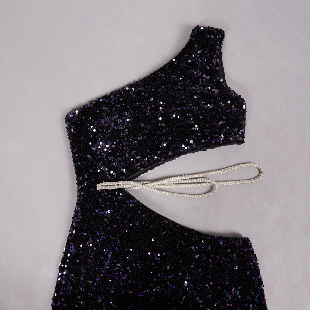 One Shoulder Sequin Crystal Dress Midnight Blue
