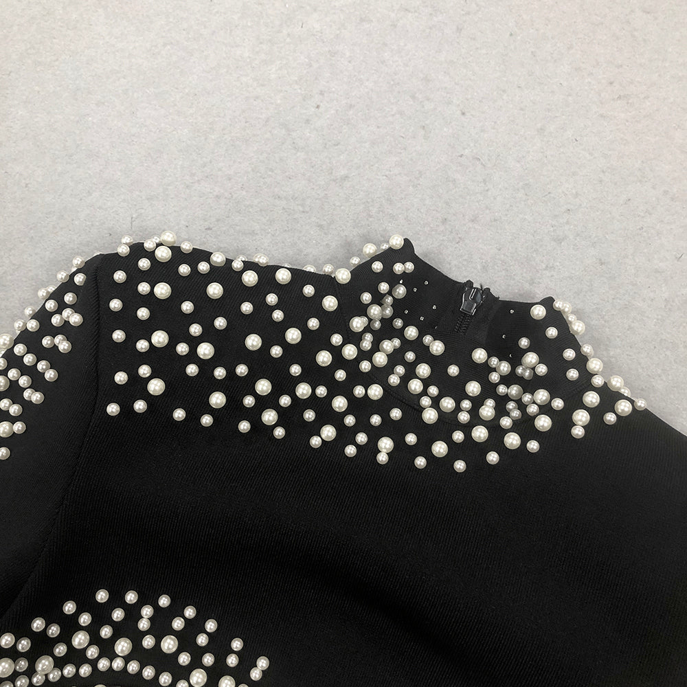 Long Sleeve Pearl Mesh Maxi Dress Black