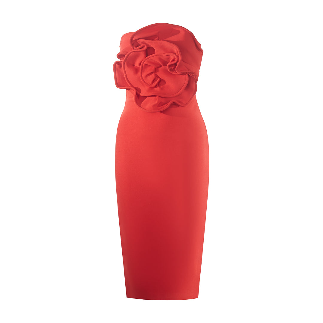 Strapless Flower Detail Midi Dress Red HV1587